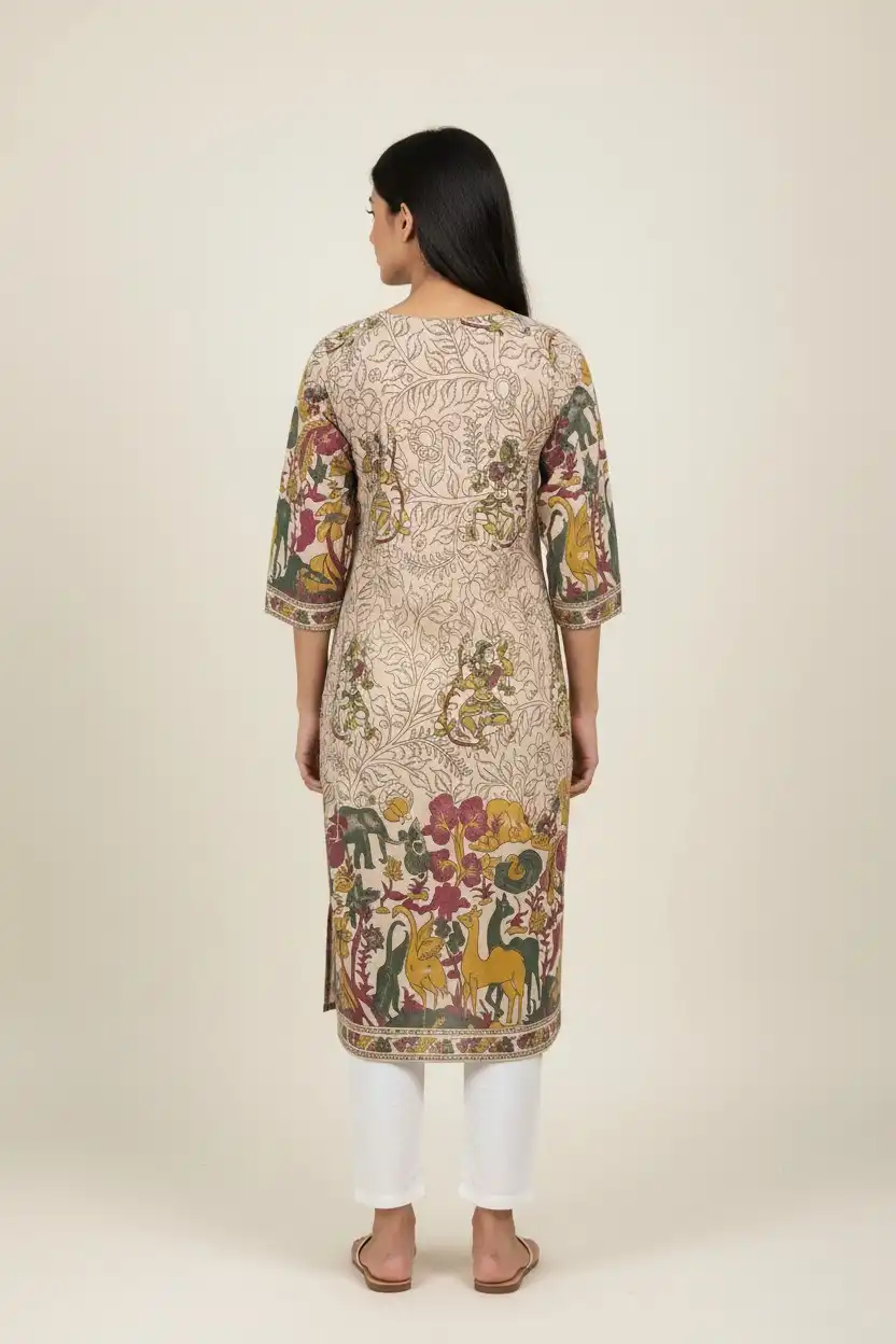 Kalamkari Print Cotton Kurti Cream Yellow Green view 2