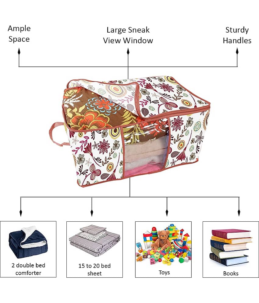 PrettyKrafts Underbed Storage Bag, Storage Organizer, Blanket Cover with Side Handles (Set of 9 pcs) -Multi Flower view 2