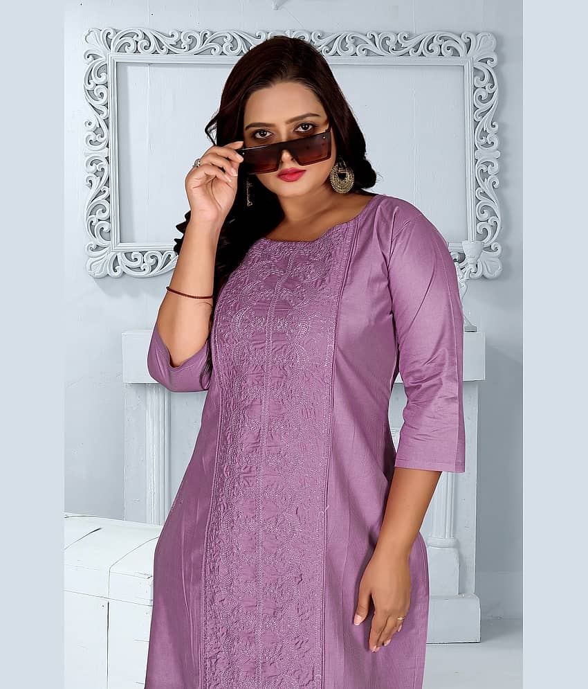 RIAANA Women Chanderi Embroidered Straight Kurti ( Purple ) view 2