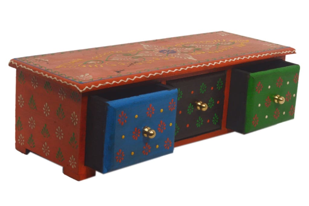Kusum Art And Crafts wooden hanipainted Wooden jewellery Box With 3 Drawer (12x3x3, Multicolour-B) view 2