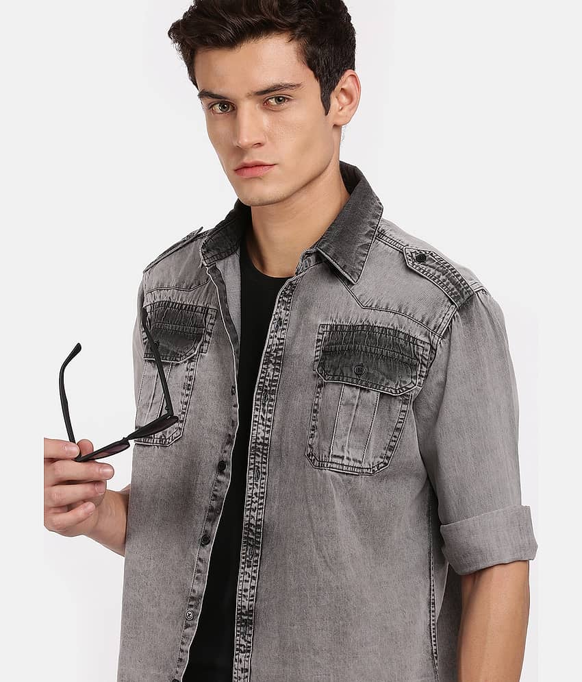 VOXATI Denim Regular Fit Solids Full Sleeves Men's Casual Shirt - Grey ( Pack of 1 ) view 2
