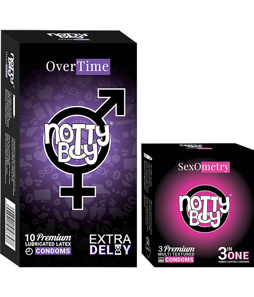 NottyBoy Ribbed Dotted Contoured and Extra Delay Long Lasting Condoms - (Set of 2, 13 Pieces)