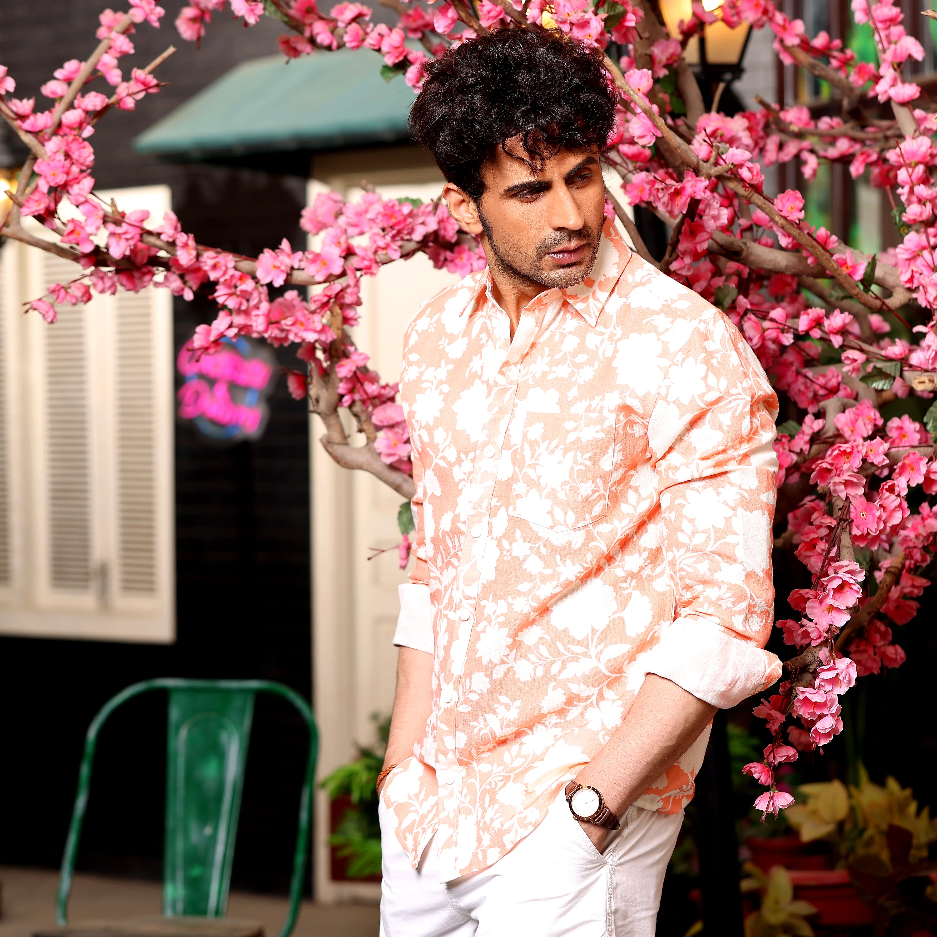 French Marigold Peach Casual Pure Linen Full Shirt (Size - S) by BLUE EAGLE view 2