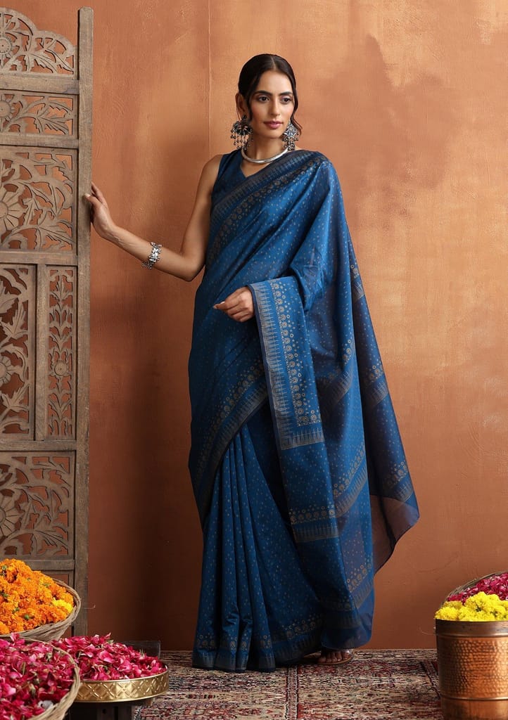 HOC Crafts Hand Block Chanderi Printed Women's Saree - Blue view 2