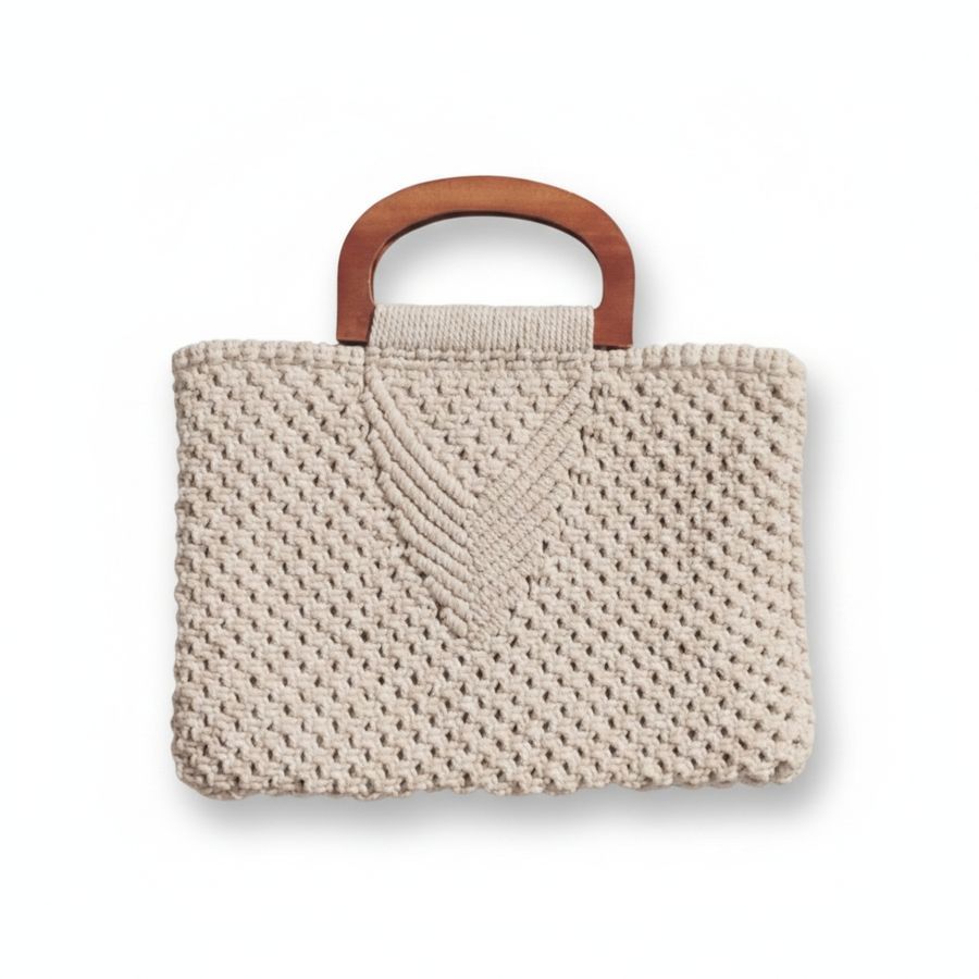 Artisanal Macramé Woven Handbag with Wooden Handles view 2
