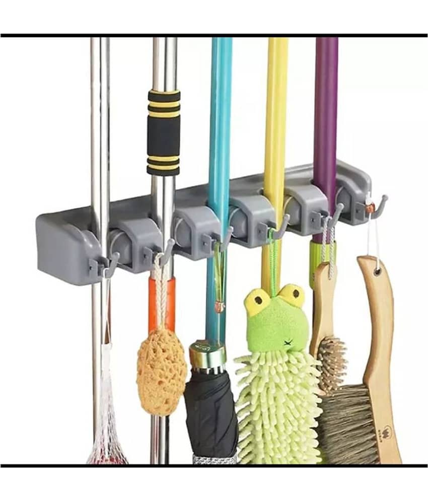 Hi-Lee Mop and Broom Holder | Wall Hanging, 5 Slots with 6 Inbuilt Hanging Hooks/Magic Holder Broom and Mop Organizer view 2
