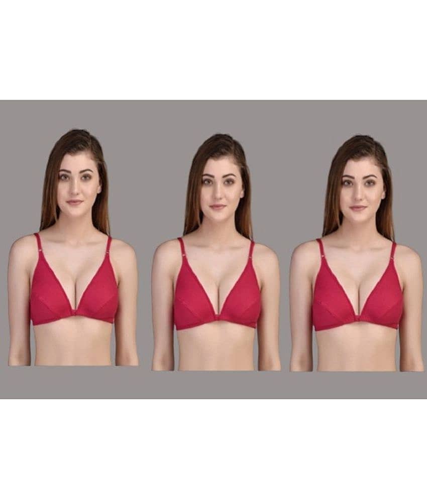 Zourt Pack of 3 Cotton Non Padded Women's Plunge Bra ( Red )