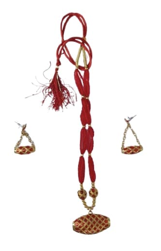 Traditional Red Beaded Gold-Plated Meenakari Pendant Necklace for Women view 2