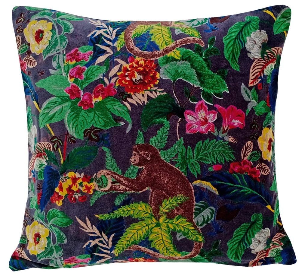 Kirti Finishing | Gray Monkey Print Velvet Cushion Cover
