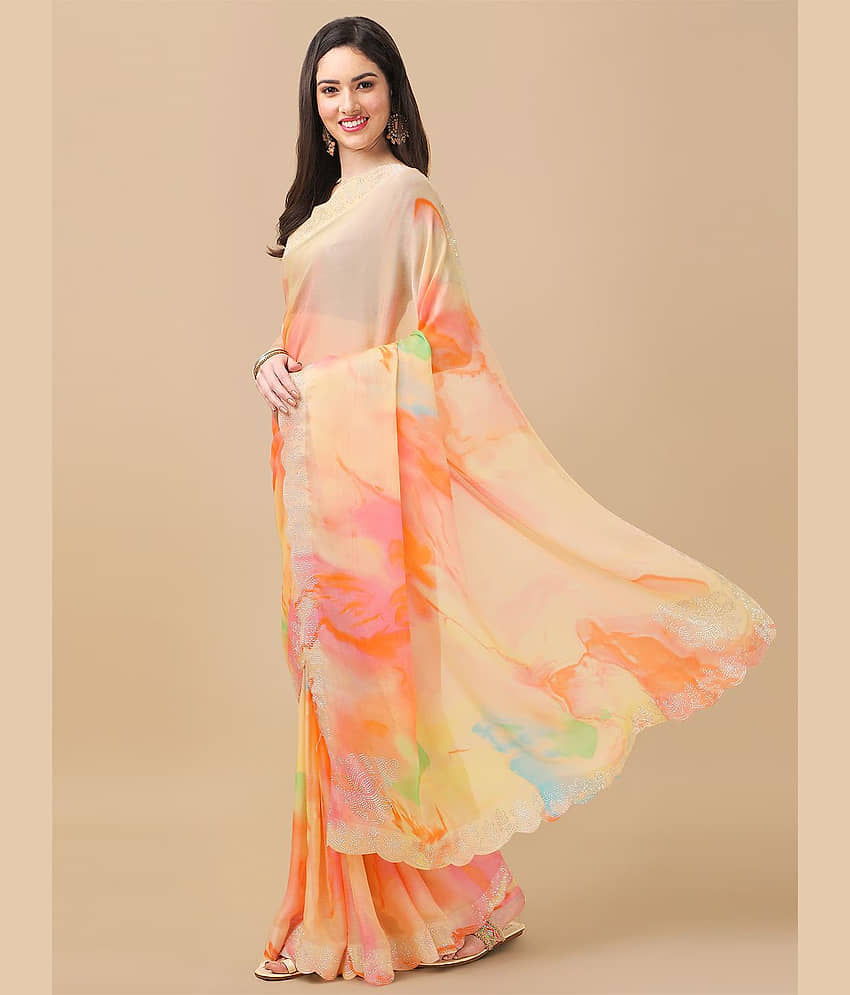 BLEESBURY Chiffon Embellished Saree With Unstitched Blouse Piece ( SkyBlue ) view 2