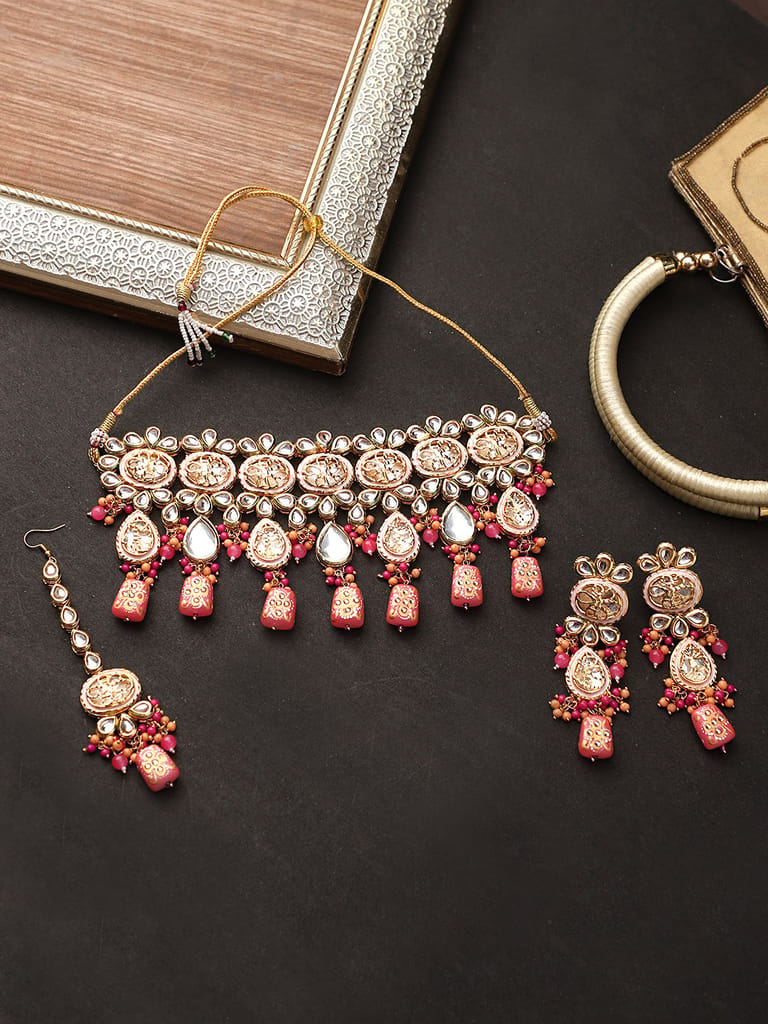 Cardinal Peach Color Stone Kundan Gold Plated Brass Bridal Party Wear Necklace Set & Maang Tika view 2
