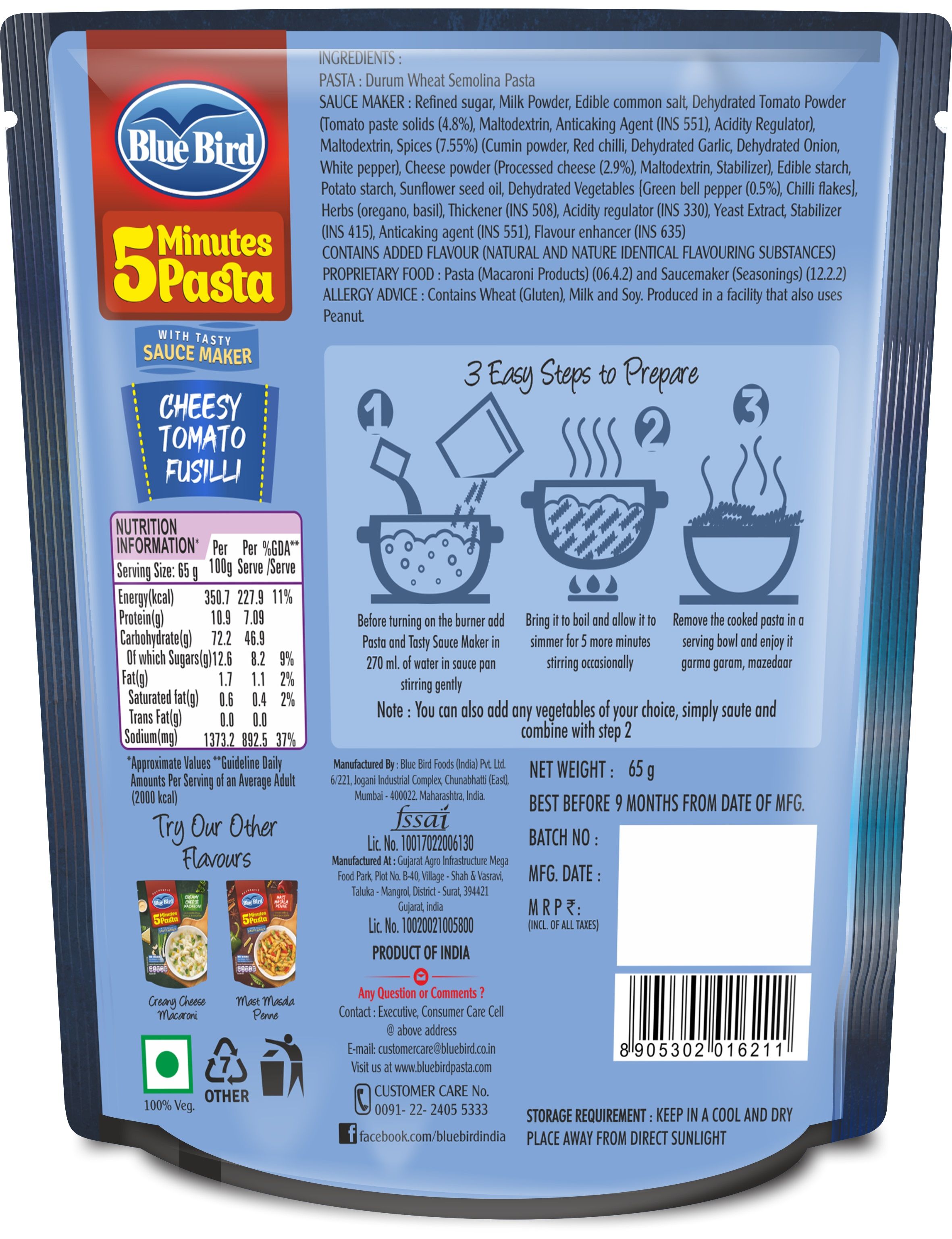 Blue Bird 5 Minutes Pasta Cheesy Tomato Fusilli, 65 gm view 2