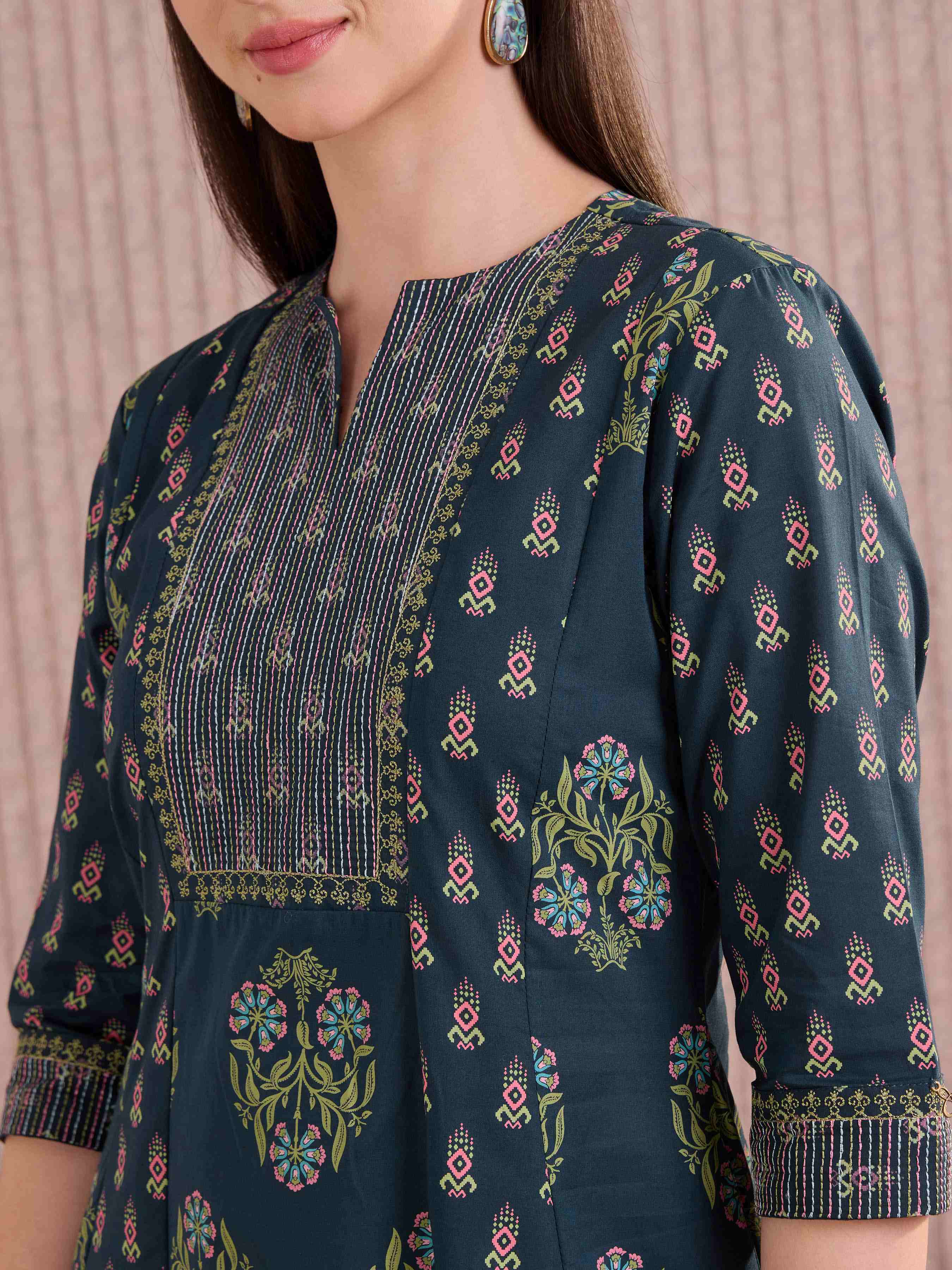 Navy Blue Cotton Printed Flared Kali Cut Kurthi With Embroidery view 2