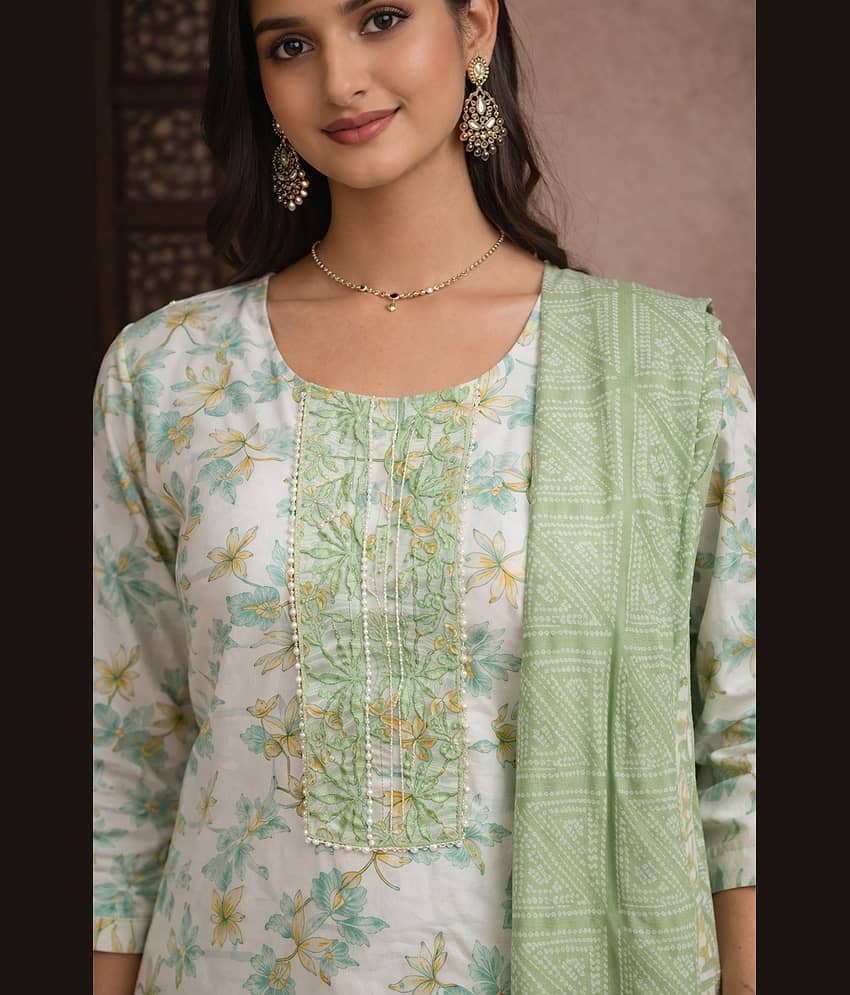 Aarika Women Cotton Printed Straight Kurti With Pants ( Light Green ) view 2