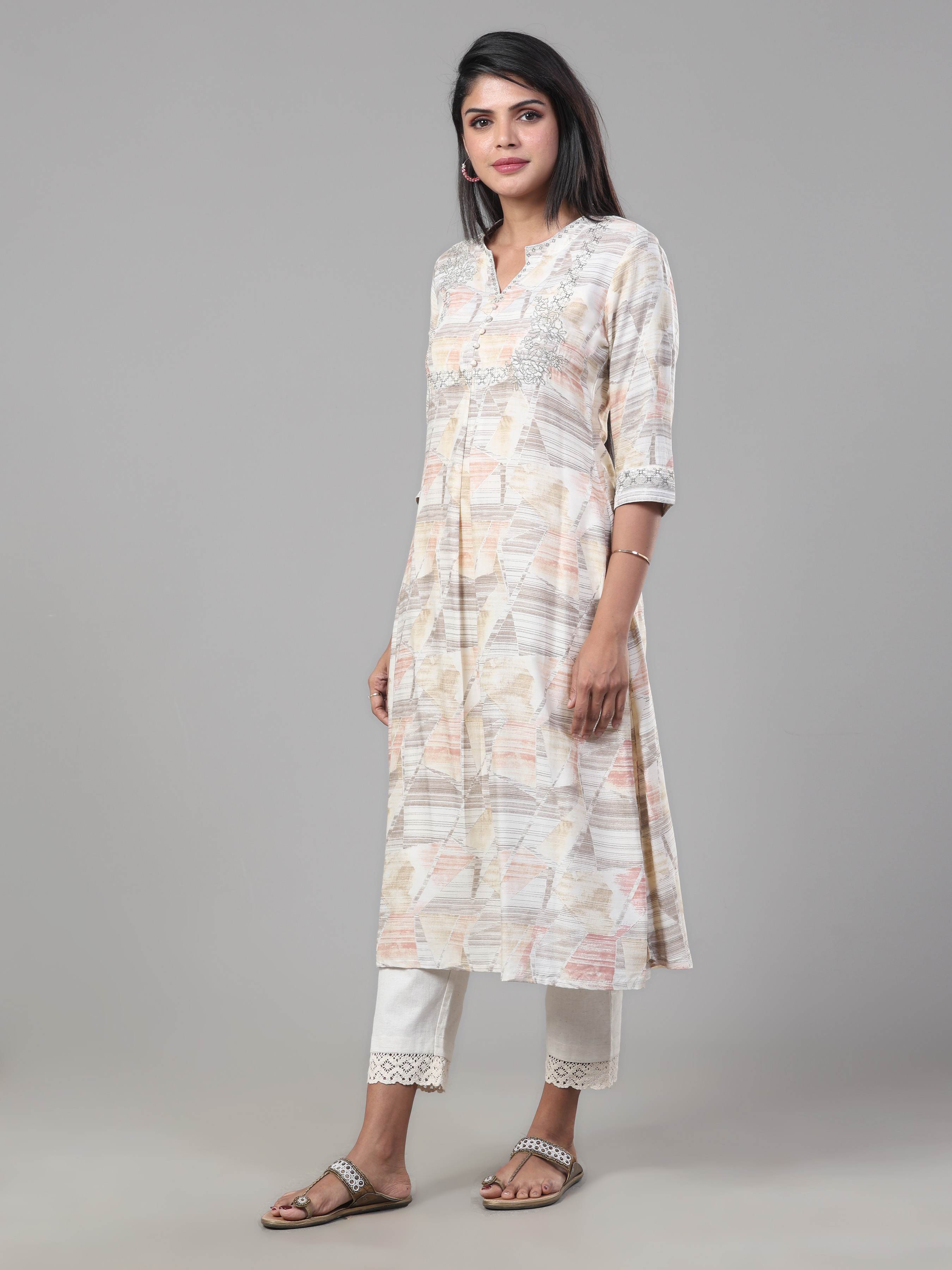 Ivory And Grey Modal Silk Printed Kurti With Embroidery view 2