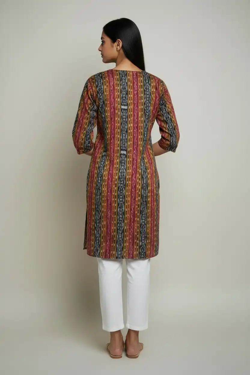 Sambalpuri Ikat Bold Red Stripe-Odisha Handloom Kurti view 2