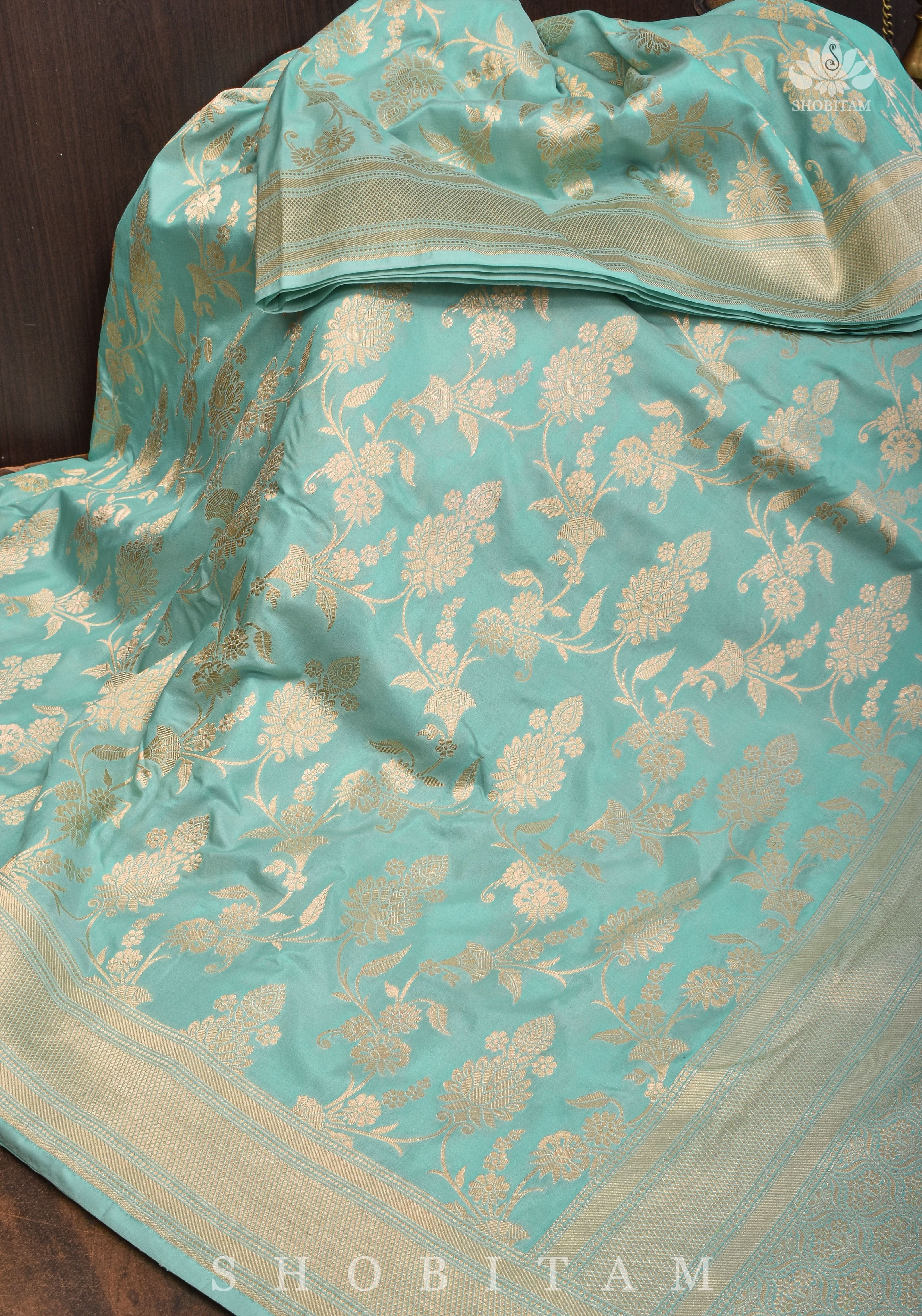 Pure Katan Silk Banarasi Saree with in Aqua with Floral Jaal Zari Weave | SILK MARK CERTIFIED view 2