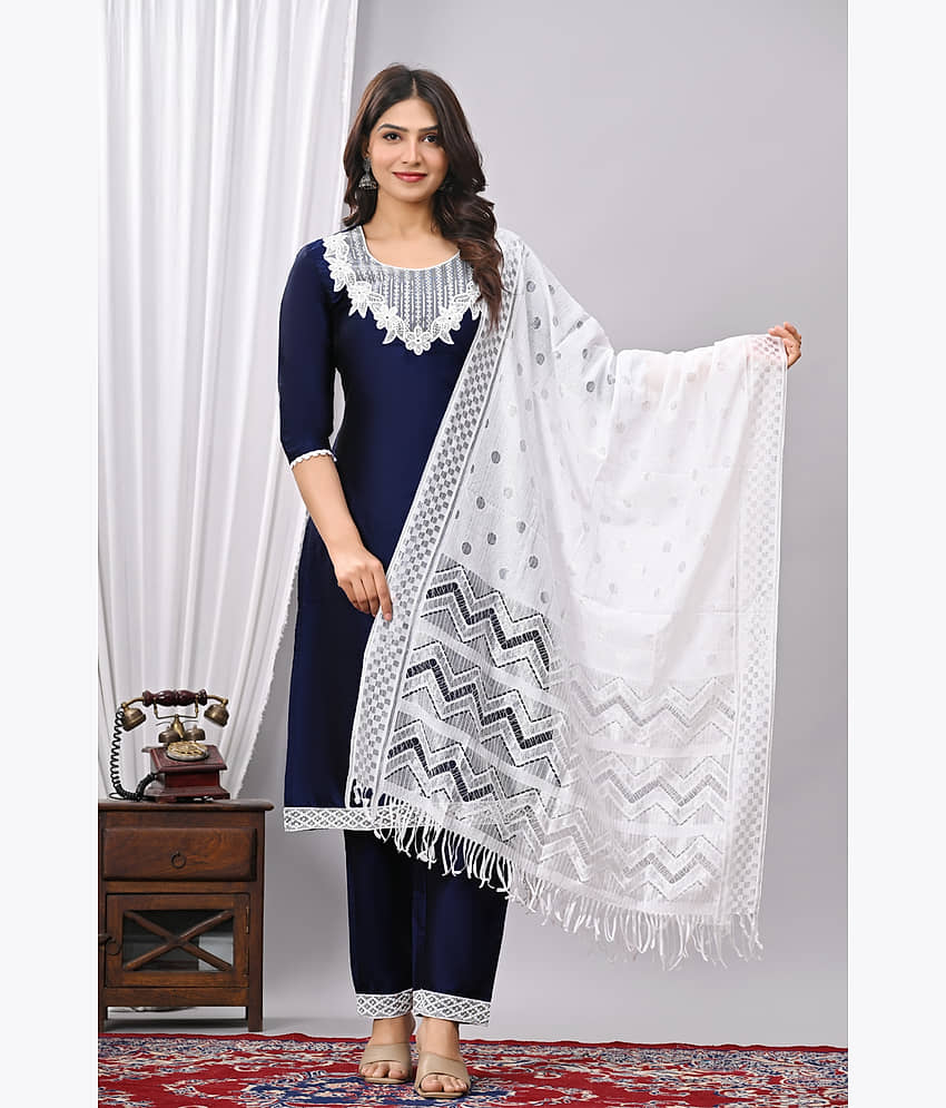 EXPORTHOUSE Women Silk Blend Embroidered Straight Kurti With Pants ( Navy Blue ) view 2