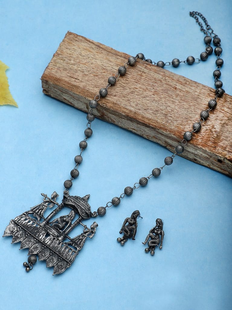 Cardinal Oxidized Silver Color Long Necklace Set view 2