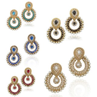 Women Jewellery Royal Designer Gold Plated Multi Color Pearl Traditional Earrings(set Of 5) view 2