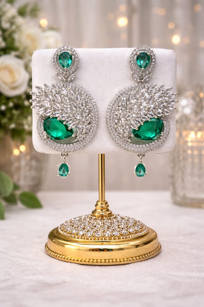 ✨Sea Green American Diamond Dangle Earrings for Women | Bridal, Wedding & Party Wear Statement Earrings ✨ view 2