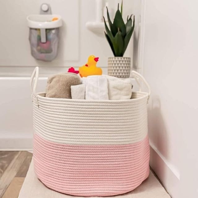 Generic Cotton Pack Of_1 14x12 Inch Laundry Storage Basket For Clothes (Pink-White)-PID66457 view 2