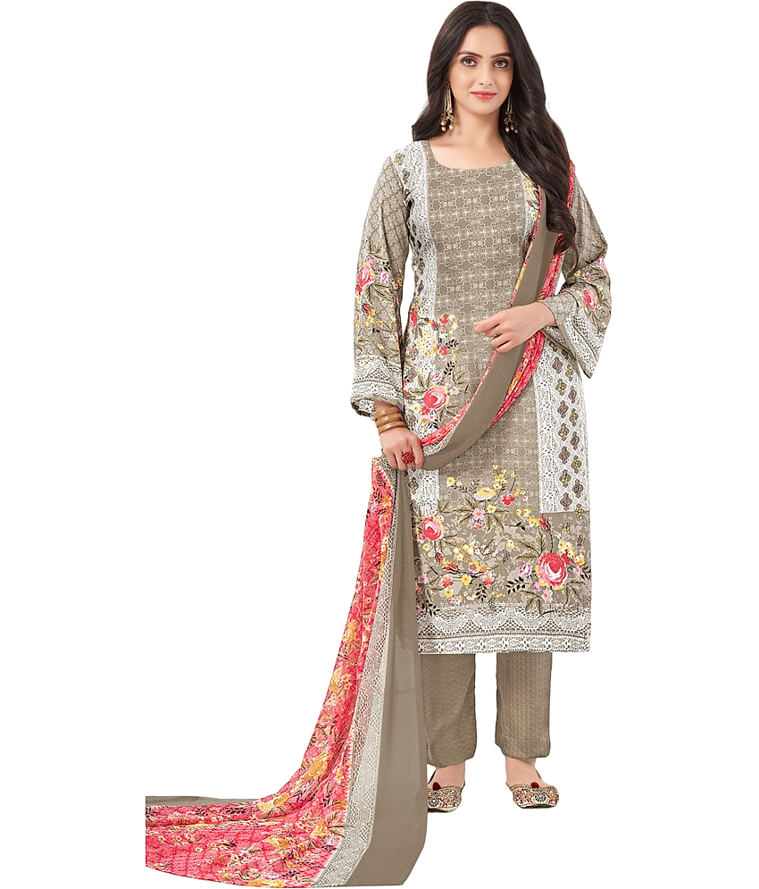 Tendisha Unstitched Chiffon Printed Dress Material - Light Grey ( Pack of 1 )