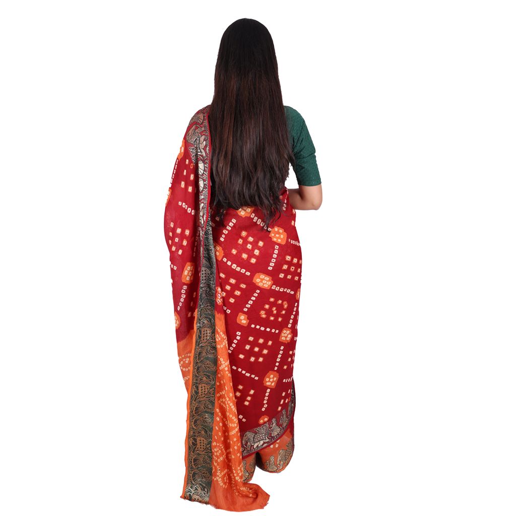 Tribes India Handwoven Maroon and Orange Bandhej Saree view 2