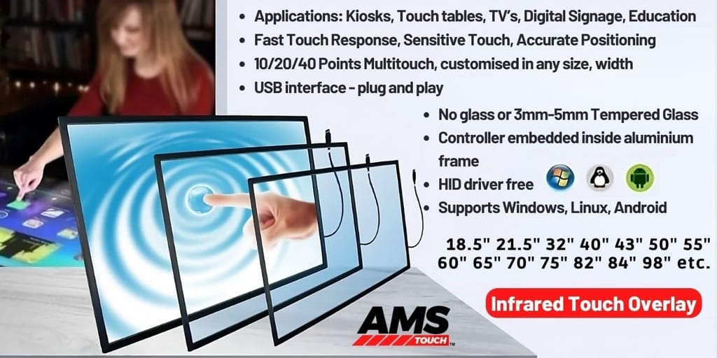 21.5" AMS Infrared Touchscreen Overlay with Tempered Glass, 10 Finger Multi-Touch Points with Gesture Support, USB-HID Plug & Play view 2