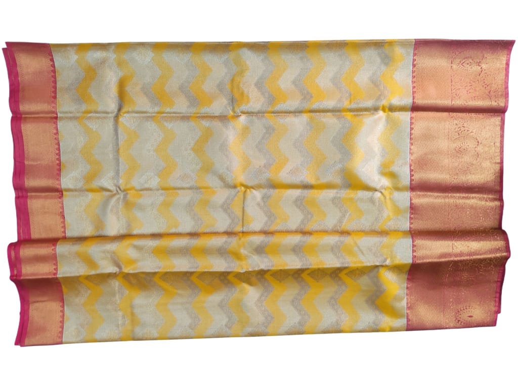 Yellow and Pink Kanjivaram Silk Saree With Blouse Piece view 2