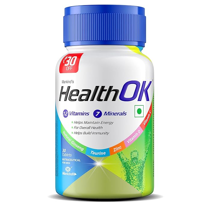 Mankind Health Ok Multi Vitamin Multimineral Amino Acids with Ginseng Extract Zinc Vitamin C & Vitamin D for Men for Daily Energy Overall Health Immunity and Mental Alertness 30 Tablets