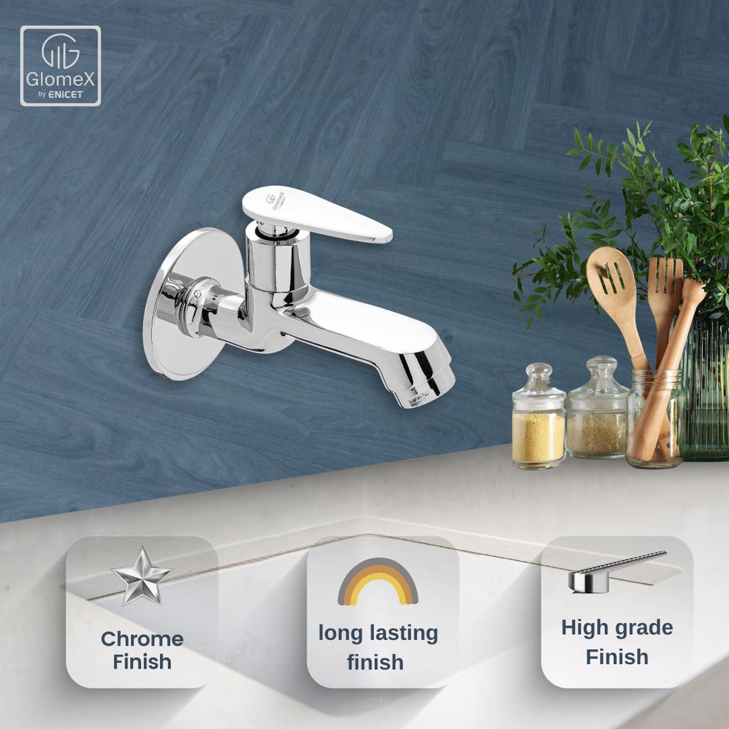 Enicet Brass Bib Tap With Wall Flange, Tap for Bathroom, Chrome Plated view 2