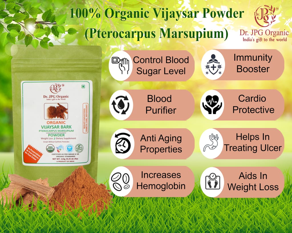 Dr. JPG Organic herbals Vijaysar Bark/Chaal Powder For Diabetic Care-114g | Indian Kino Powder | Pterocarpus Marsupium | INDIA ORGANIC Certified | 100% Organic. (Pack Of 2) view 2