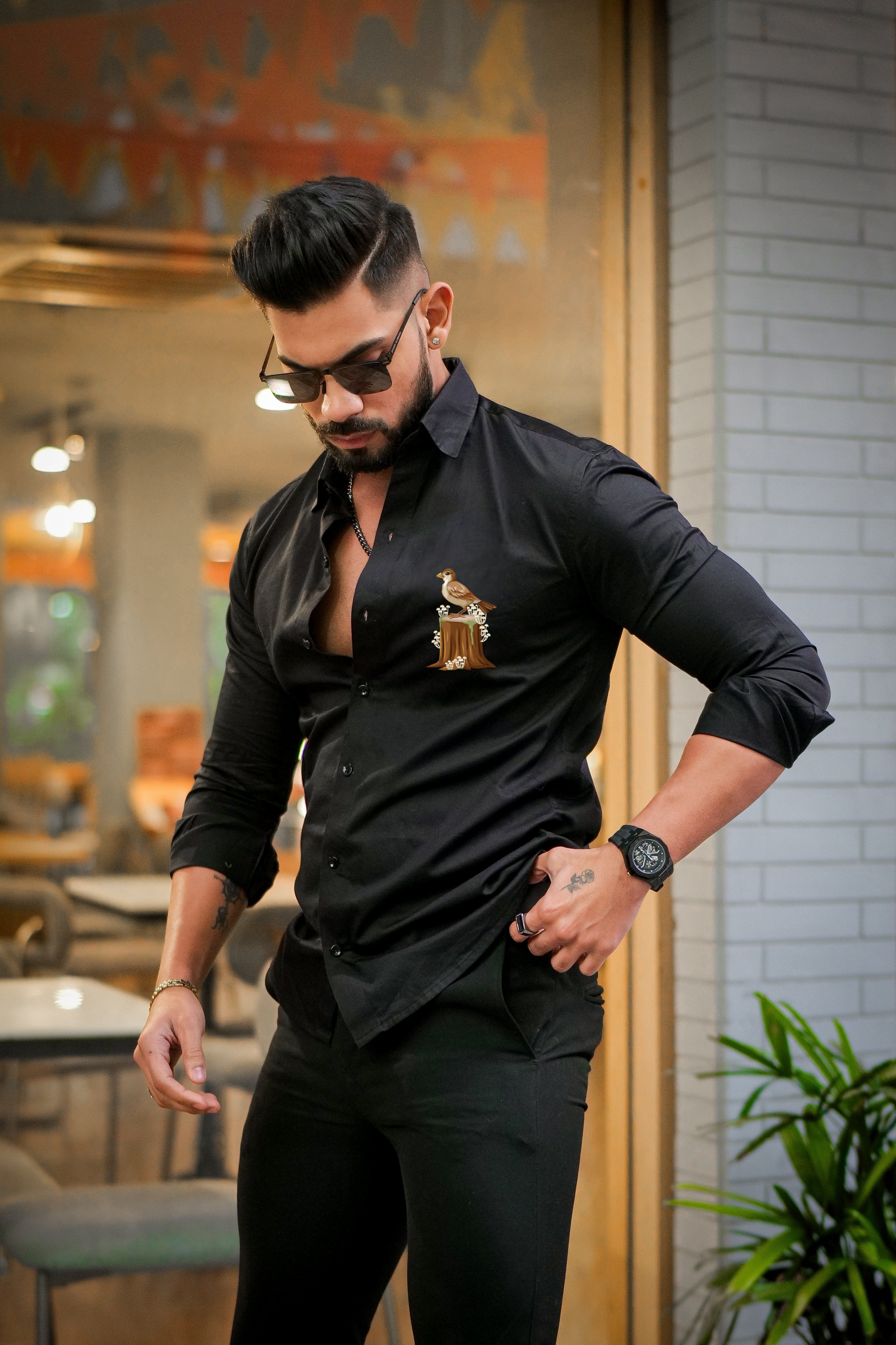 Black Printed Satin Cotton Shirt view 2