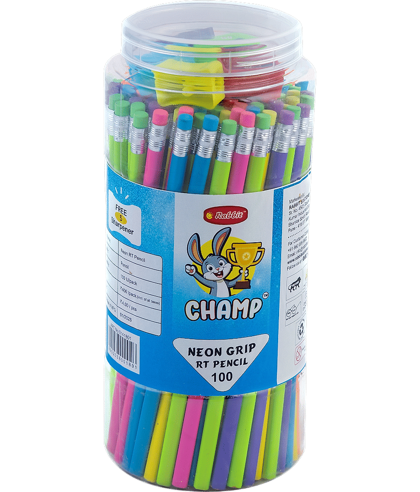 Rabbit Champ Neon Pencils Jar – 100 Pcs + 5 Free Sharpeners | Hexagonal Easy-Grip | Rubber Tip for Smooth Writing | Neon Pencils | Perfect for School & Office view 2