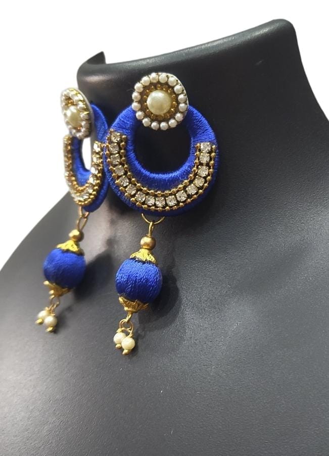 Blue Silk Thread Earrings with Pearl and Rhinestone Accents view 2
