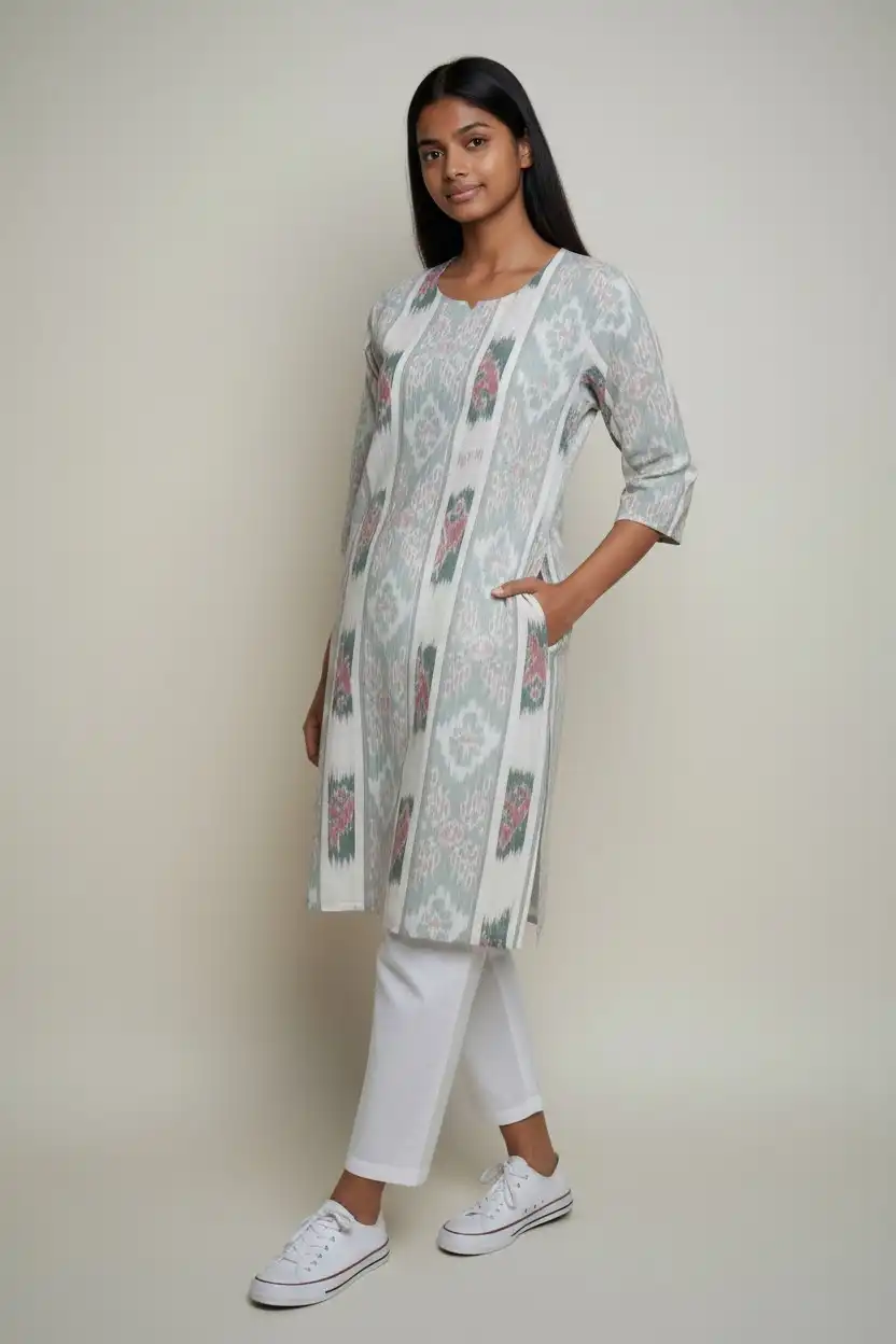 Sambalpuri Ikat Dove Grey-Odisha Handloom Cotton Kurti view 2