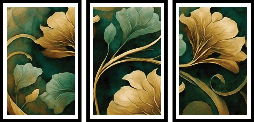 SET OF 3 GREEN AND GOLD FLORAL WALLART 48in X 24in WITH BLACK FRAME view 2