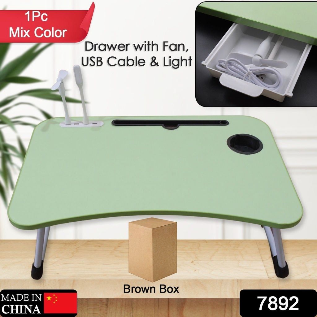 MultiPurpose Study Table Foldable Portable Notebook Bed Lap Desk Tray Stand Reading Holder with Coffee Cup Slot, Drawer, Fan, USB Cable & Light for Breakfast, Reading & Movie Watching (1 Pc Mix Color) view 2