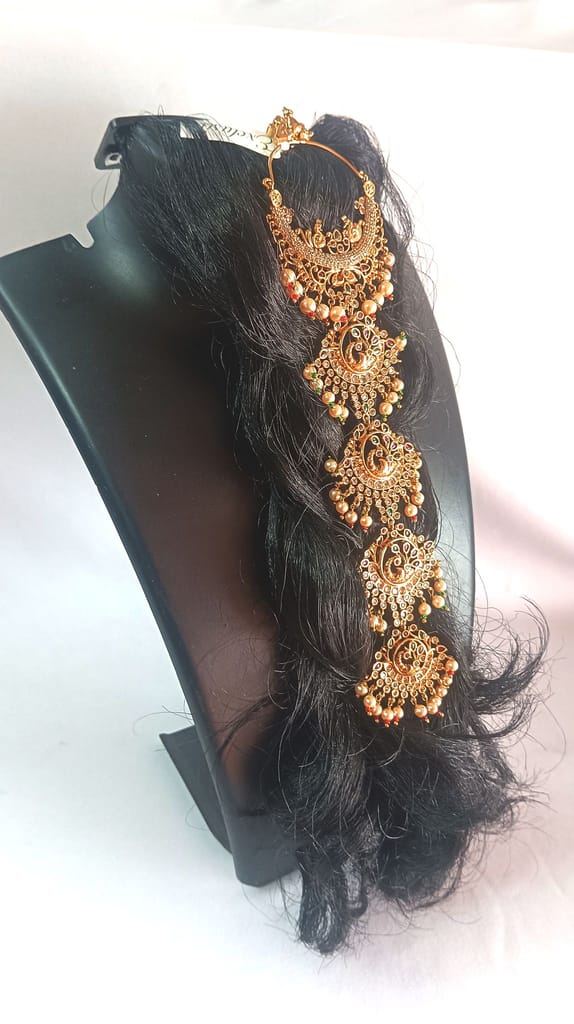 Pearl and gold plated traditional Indian hair accessory for women view 2