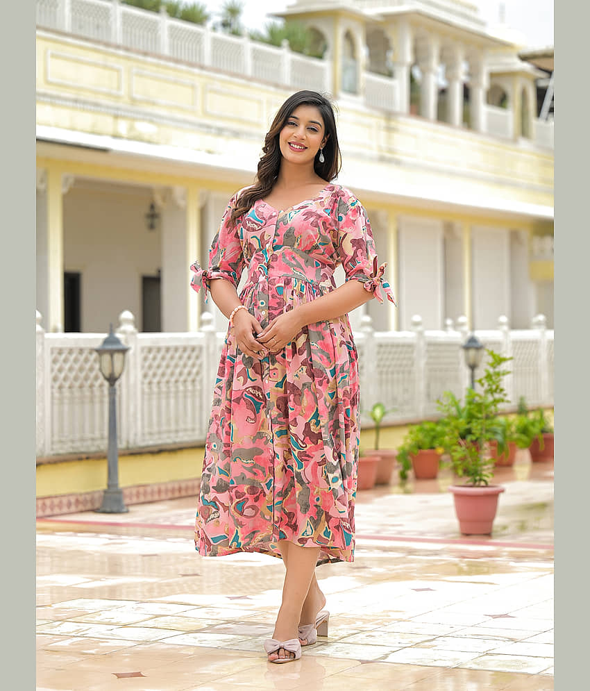 Divena Women Viscose Rayon Printed Fit & Flare Dress ( Pink ) view 2