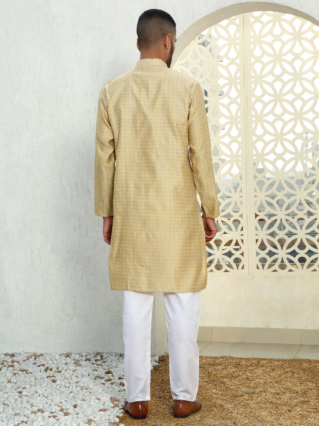 Silk Jacquard Kurta With White Elastic Waistband Pyjama set view 2
