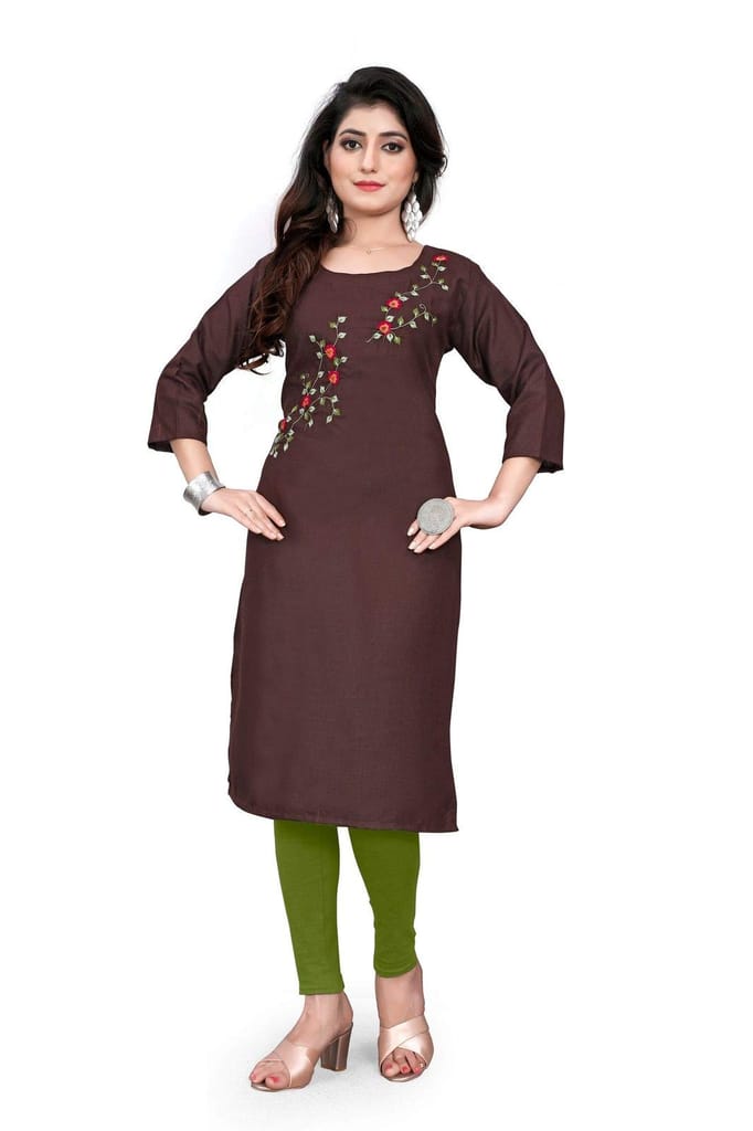STYLEOO Ruby Slub 3/4 Sleeves Embroidered Kurti for Women's Combo Pack of 2 (Brown and Green) (M, L, XL, XXL) view 2