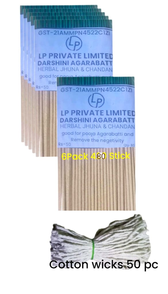 Darshini Herbal Jhuna And Chandan Agrbatti Stick 480 pc (pack 6) With Free Gifti 100 Pieces Long Cotton Wicks/Diya Batti for Pooja.