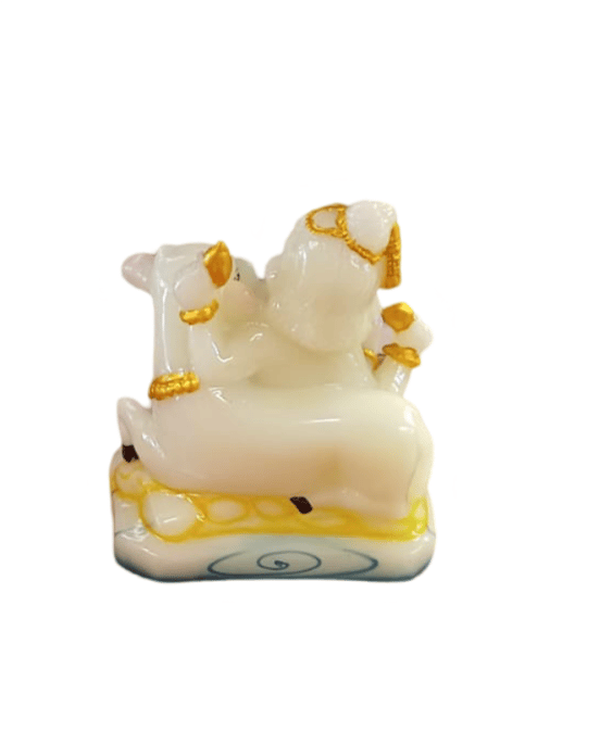 White Marble Statue of Lord Ganesha Sitting on a Cow view 2