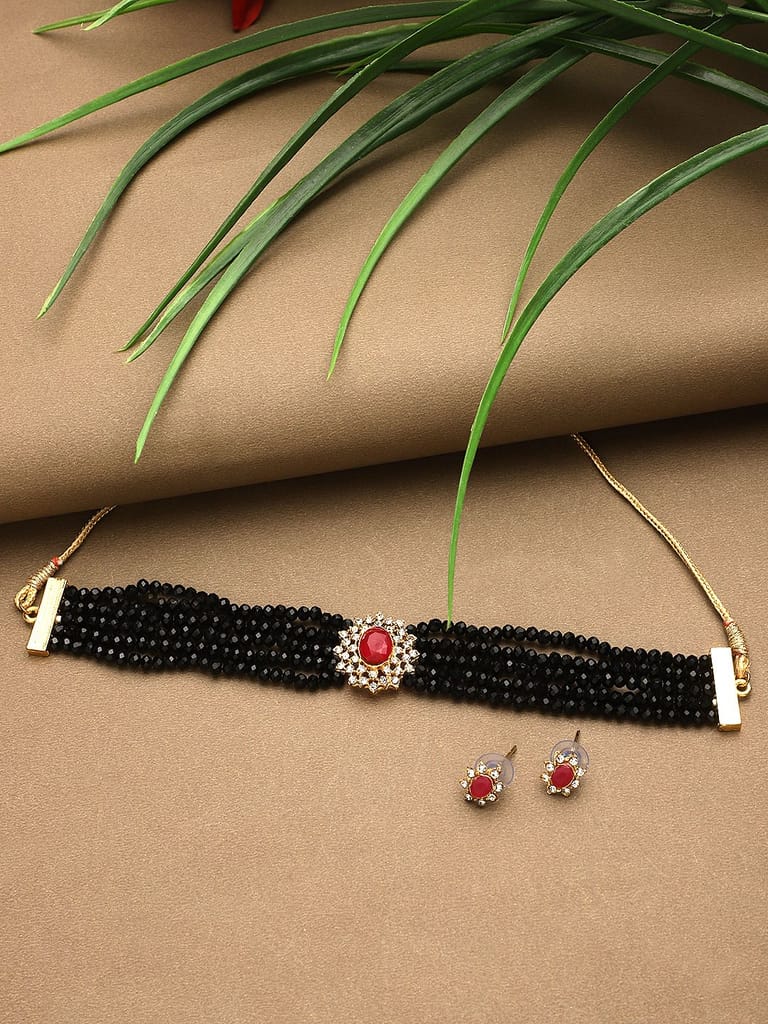 Cardinal Black Color American Diamond Maroon Stone Multistring Choker Necklace Set view 2