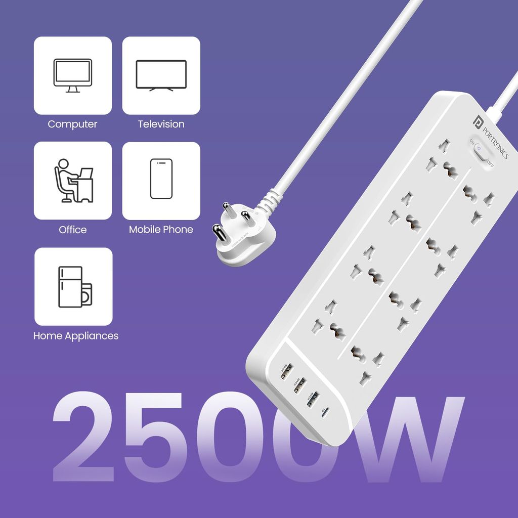 Portronics Power Plate 23 Extension Board with 20W Type-C PD Charging, 8 Universal Sockets, 3 USB Ports, 3 Meter Long Cord, 2500 Watts, Multi Plug for Home view 2