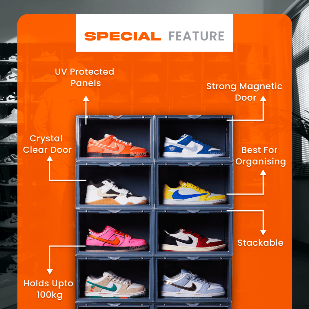 SNEAKARE Plastic Shoe Storage Organizer Nardo Grey Heavy-Duty Stackable Sneaker Box With Magnetic Closure, Easy Installation Foldable Multipurpose Large Storage Box, Fits Size UK14 view 2