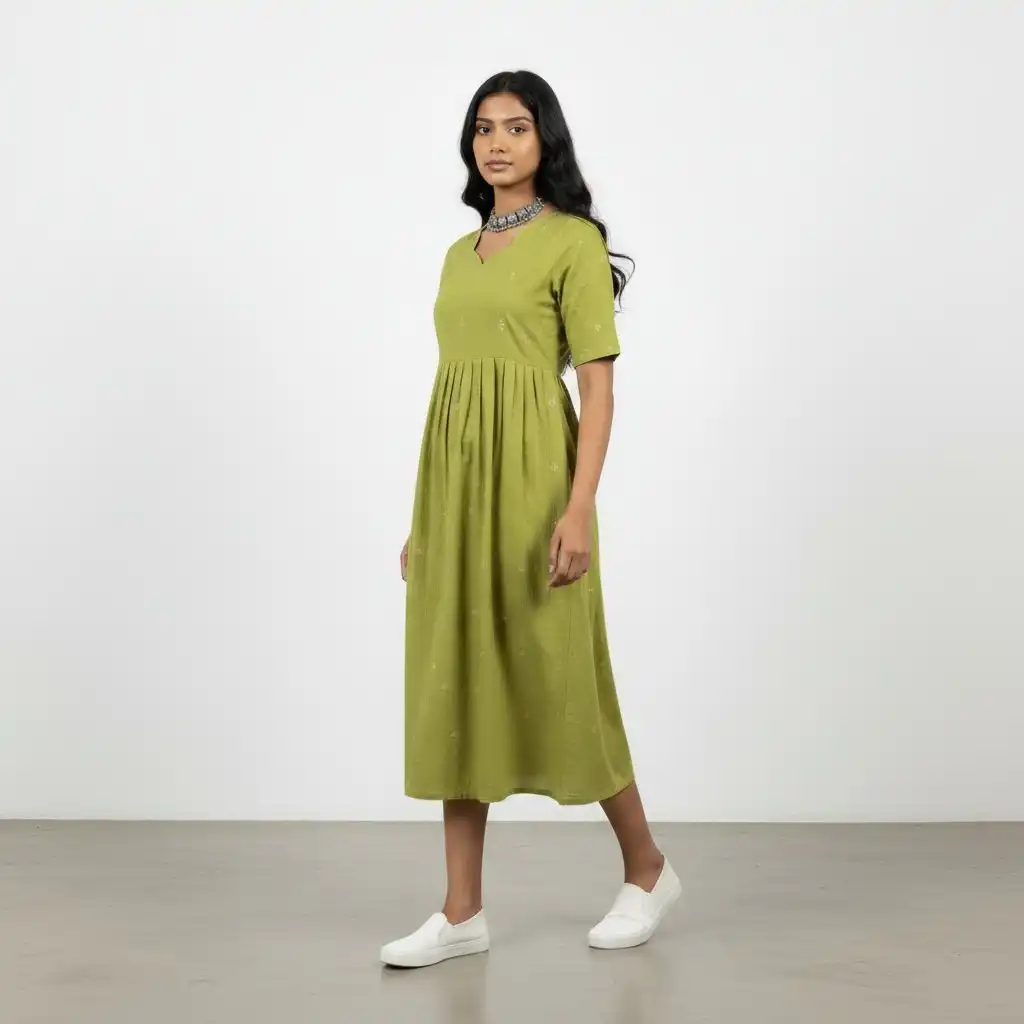 Parrot Green Mangalagiri South Cotton Kurti with Gold Buttas view 2