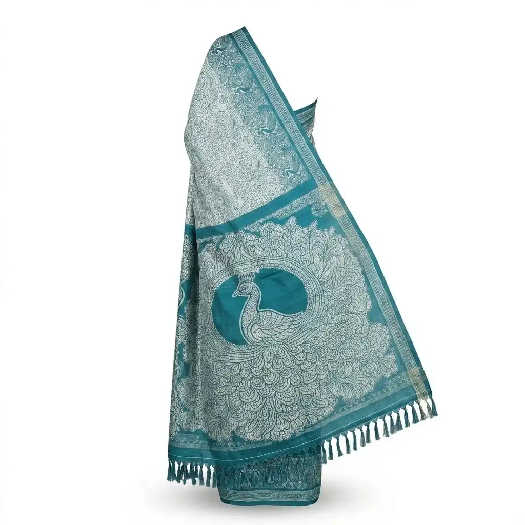 Sambalpuri Teal Peacock Print Ikat Handloom Saree view 2